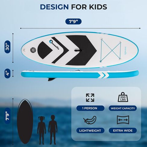 SereneLife 7'9" Kids Inflatable Stand Up Paddle Board - SUP for Youth with Single-Action Pump, Adjustable Paddle & Backpack - 30" Wide Stable Design with Non-Slip EVA Deck Pad, Ages 5+, 200lb Capacity in Saudi Arabia
