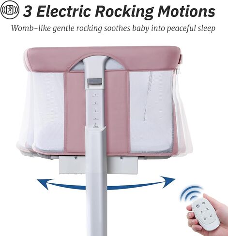 Electric Bassinet for Baby, 3 Speeds Automatic Rocking Bassinets with All mesh, 5 Height Adjustment Bedside Crib for Nweborn, 8 Music, Wheels, Light Grey in Kuwait