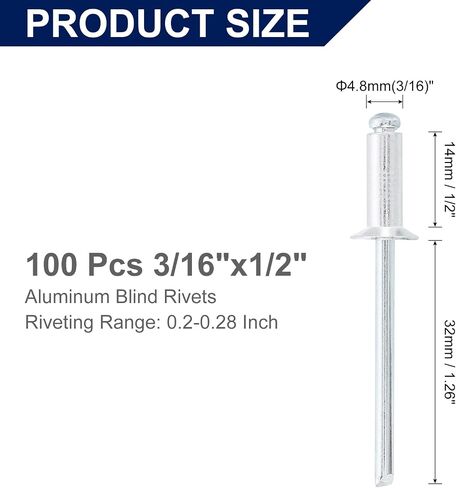 Uxcell 100pcs 3/16 "x1/2" مسامير أعمى من الألومنيوم ، قبضة الألومنيوم وإلغاء الفولاذ ، مسامير مقسمة طويلة للمعادن والأثاث والسيارات والفضة in Saudi Arabia