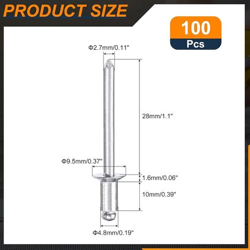 uxcell 100Pcs 3/16"x3/8" Aluminum Countersunk Blind Rivet, Open-End Type Blind Rivets for DIY, Sheet Metal, Automotive Repairs, Furniture, Boat, and Duct Work (Silver) in Saudi Arabia