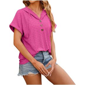 Women's Casual Summer Hoodies Short Sleeve Drawstring Hoodies Tops Button Front V Neck Pullover T Shirts Comfy in Kuwait