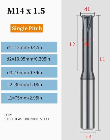 TPI Single Pitch Solid Carbide Thread end Mill AlCrN Coated, 0.47in Cutting Diameter, Necked to Thread 1.18in Deep, 0.39in Shank Diameter, 1.97in Overall Length in Saudi Arabia