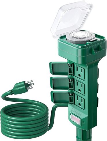Suraielec Outdoor Power Stake مقاومة للماء ، 6 منافذ متوترة مقاومة للتجول في الشريط ، مخرج سلك تمديد 6 أقدام للساحة ، حديقة ، ضوء عيد الميلاد ، أضواء الفناء ، 1875W/15A ، الأخضر in Kuwait