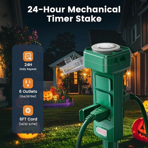 Suraielec Outdoor Power Stake مقاومة للماء ، 6 منافذ متوترة مقاومة للتجول في الشريط ، مخرج سلك تمديد 6 أقدام للساحة ، حديقة ، ضوء عيد الميلاد ، أضواء الفناء ، 1875W/15A ، الأخضر in Kuwait