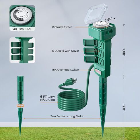 Suraielec Outdoor Power Stake مقاومة للماء ، 6 منافذ متوترة مقاومة للتجول في الشريط ، مخرج سلك تمديد 6 أقدام للساحة ، حديقة ، ضوء عيد الميلاد ، أضواء الفناء ، 1875W/15A ، الأخضر in Kuwait
