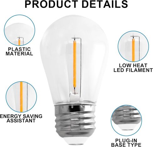 48 pack S14 LED String Light Lights ، مصابيح استبدال داخلية في الهواء الطلق ، مقاوم للماء ، 1W ، 2200K أبيض دافئ مكافئ لـ 10W ، E26 Base Edison LED Light in Saudi Arabia