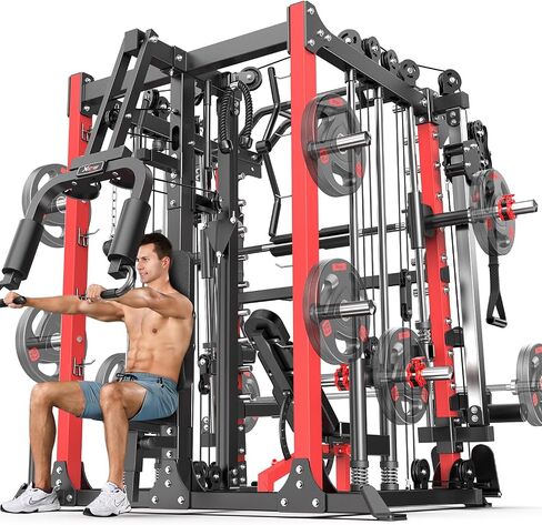 Smith Machine ， قفص قوة القرفصاء متعدد الوظائف مع نظام كروس الكابل ، مع مقعد الوزن الاختياري ، مجموعة الوزن الأولمبية للحديد ، لصالة الألعاب الرياضية المنزلية in Kuwait