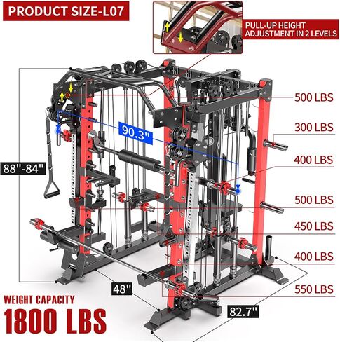 Smith Machine ， قفص قوة القرفصاء متعدد الوظائف مع نظام كروس الكابل ، مع مقعد الوزن الاختياري ، مجموعة الوزن الأولمبية للحديد ، لصالة الألعاب الرياضية المنزلية in Kuwait