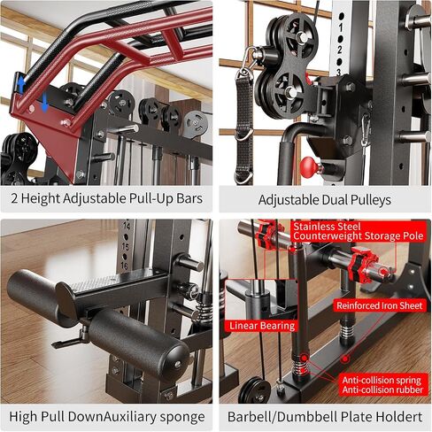 Smith Machine ， قفص قوة القرفصاء متعدد الوظائف مع نظام كروس الكابل ، مع مقعد الوزن الاختياري ، مجموعة الوزن الأولمبية للحديد ، لصالة الألعاب الرياضية المنزلية in Kuwait