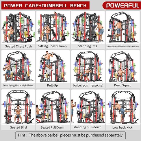 Smith Machine ， قفص قوة القرفصاء متعدد الوظائف مع نظام كروس الكابل ، مع مقعد الوزن الاختياري ، مجموعة الوزن الأولمبية للحديد ، لصالة الألعاب الرياضية المنزلية in Kuwait