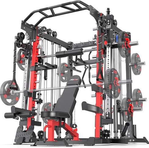 Smith Machine ， قفص قوة القرفصاء متعدد الوظائف مع نظام كروس الكابل ، مع مقعد الوزن الاختياري ، مجموعة الوزن الأولمبية للحديد ، لصالة الألعاب الرياضية المنزلية in Kuwait