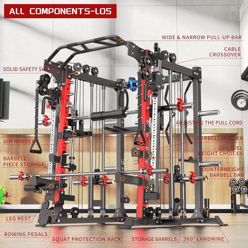 Smith Machine ， قفص قوة القرفصاء متعدد الوظائف مع نظام كروس الكابل ، مع مقعد الوزن الاختياري ، مجموعة الوزن الأولمبية للحديد ، لصالة الألعاب الرياضية المنزلية in Kuwait