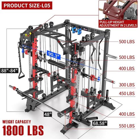 Smith Machine ， قفص قوة القرفصاء متعدد الوظائف مع نظام كروس الكابل ، مع مقعد الوزن الاختياري ، مجموعة الوزن الأولمبية للحديد ، لصالة الألعاب الرياضية المنزلية in Kuwait