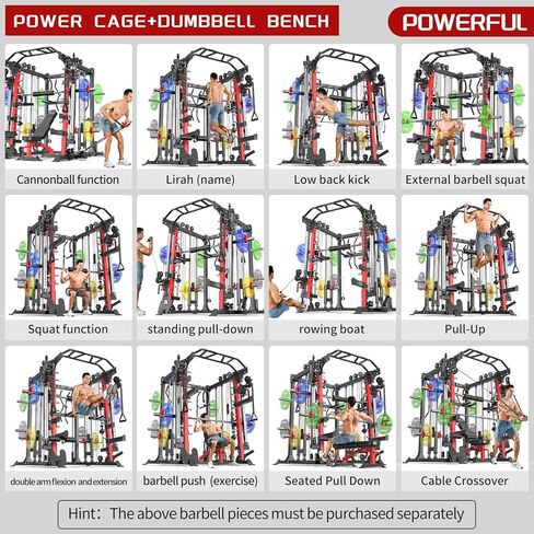 Smith Machine ， قفص قوة القرفصاء متعدد الوظائف مع نظام كروس الكابل ، مع مقعد الوزن الاختياري ، مجموعة الوزن الأولمبية للحديد ، لصالة الألعاب الرياضية المنزلية in Kuwait