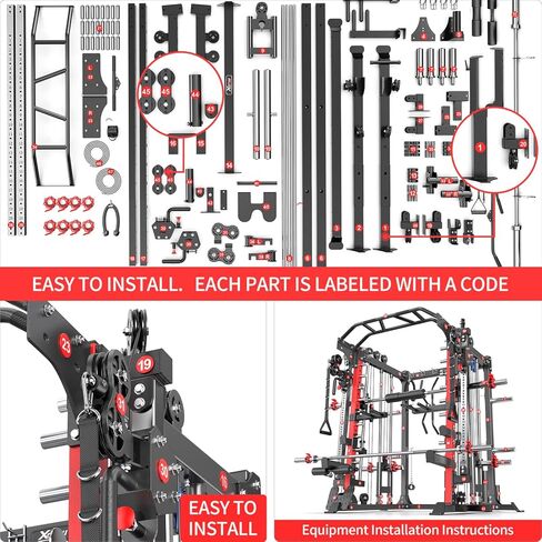 Smith Machine ， قفص قوة القرفصاء متعدد الوظائف مع نظام كروس الكابل ، مع مقعد الوزن الاختياري ، مجموعة الوزن الأولمبية للحديد ، لصالة الألعاب الرياضية المنزلية in Kuwait