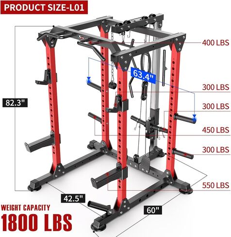 Power Cage Multi-Function Power Rack with Cable Crossover System,1800 LBS Capacity Squat Rack with Weight Bench,for Home Gym in Kuwait