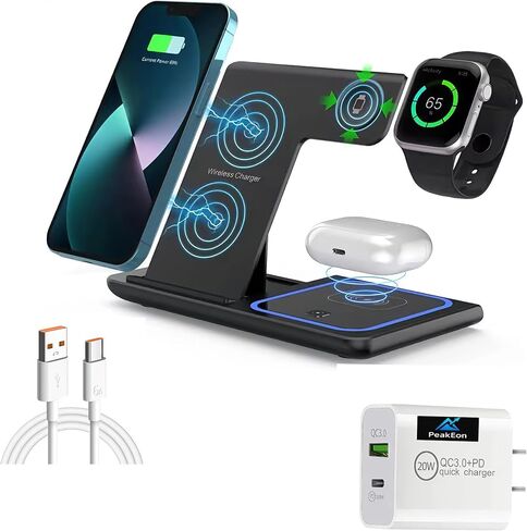 3-in-1 محطة شحن سريعة قابلة للطي 15 واط مع ضوء ليلي أزرق ناعم ، متوافق مع شاحن Magsafe مع iPhone16/15/14/12 ، Samsung ، Apple Watch ، AirPods (أسود) in Saudi Arabia