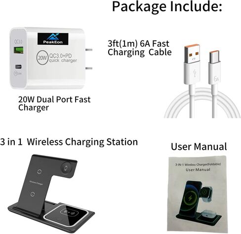 3-in-1 محطة شحن سريعة قابلة للطي 15 واط مع ضوء ليلي أزرق ناعم ، متوافق مع شاحن Magsafe مع iPhone16/15/14/12 ، Samsung ، Apple Watch ، AirPods (أسود) in Saudi Arabia