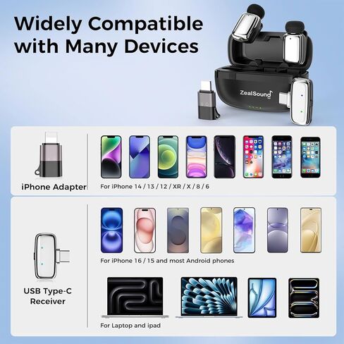 ZealSound Mini Wireless Lavalier Microphone for iPhone iPad Android Tablets PC(USB-C/Lightning) - Noise Reduction/33H Battery Life with Charging Case,Lapel Mic for TikTok,Podcast,ASMR,YouTube Videos in Kuwait