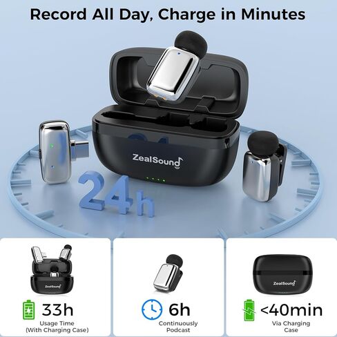 ZealSound Mini Wireless Lavalier Microphone for iPhone iPad Android Tablets PC(USB-C/Lightning) - Noise Reduction/33H Battery Life with Charging Case,Lapel Mic for TikTok,Podcast,ASMR,YouTube Videos in Kuwait