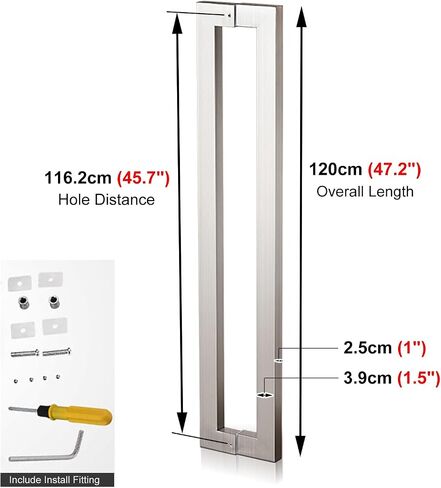 Door Handle Silver Push Pull Door Handle,Double Sided Stainless Steel Door Push Bar with Installation Fitting,for Glass Doors/Shower Doors/Wooden Doors/Sier/120Cm/47Inch in Saudi Arabia