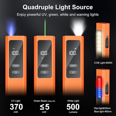 5-in-1 EDC Flat Flashlight 1000LM, Green Pointer UV Light Red Strobe Comb | Aluminum Alloy Handheld Flashlights, Waterproof Pocket Clip Slim Magnetic Handheld Flashlight USB-C Rechargeable in Kuwait