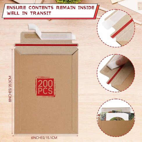 Fainne 200 Pack 6 x 8 Inch Rigid Mailers Self Adhesive Seal Photo Document Mailers 250gsm Keep Flat Kraft Photography Cardboard Envelopes for Shipping Cd, Photo, Gift Card, Document, Paper in Saudi Arabia