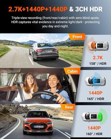 Vantrue N4S 3 Channel WiFi Dash Cam ، Starvis 2 ، PlatePix ™ ، 2.7k+1440p+1440 Front Inside Dashcam ، HDR ، IR Night Vision ، Voice Control ، GPS ، Support LTE ، وضع وقوف السيارات على مدار 24/7 ، دعم 1 تيراب كحد أقصى in Kuwait
