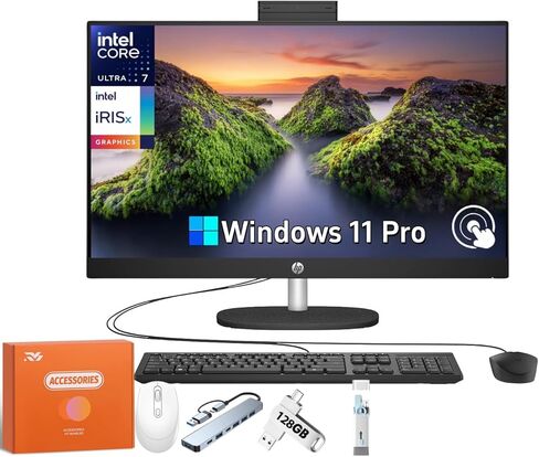 HP All-in-One Desktop Computer, 27" FHD Touch Screen, Intel 12-core Ultra 7 155U, Intel IrisX Graphics, 32 GB DDR5, 1 TB SSD, Wired KB & Mouse, Windows 11 Pro,Office Lifetime License w/RH-Accessories in Kuwait