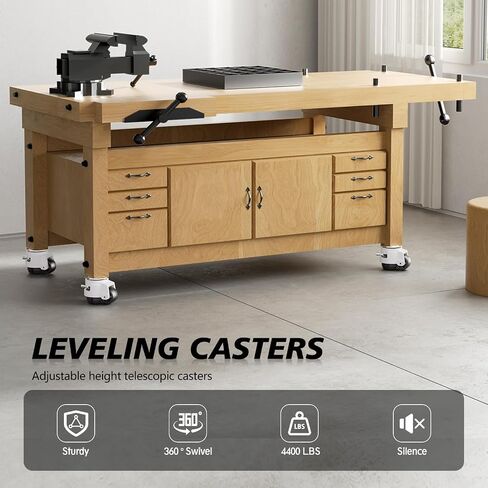 Leveling Casters Set of 4, Heavy Duty Workbench Stem Caster Wheels with T-Nuts, Adjustable Retractable Swivel Industrial Castors with Ratchet Handle, Load 4400 Lbs (Stem Size 1/2" and M12) in Kuwait