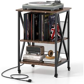 Giantex Record Player Stand, Vinyl Record Storage Table w/ 3 M-Shaped Dividers & 4 Rolling Wheels, Turntable Stand Holds Up to 250 Albums for Living Room, Office, Rustic Brown in Saudi Arabia