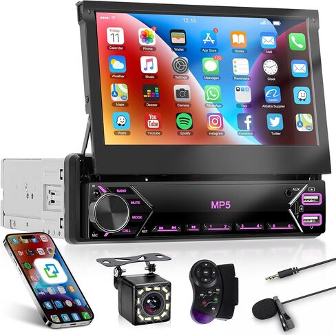 Single Din Car Stereo Wireless Carplay Touchnes Android Auto ، Rimoody 7 Inch Flip Out Car Radio 1 DIN مع Bluetooth FM Radio Mirror Link دعم TF/USB + in Kuwait