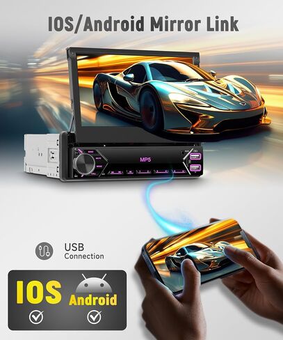 Single Din Car Stereo Wireless Carplay Touchnes Android Auto ، Rimoody 7 Inch Flip Out Car Radio 1 DIN مع Bluetooth FM Radio Mirror Link دعم TF/USB + in Kuwait