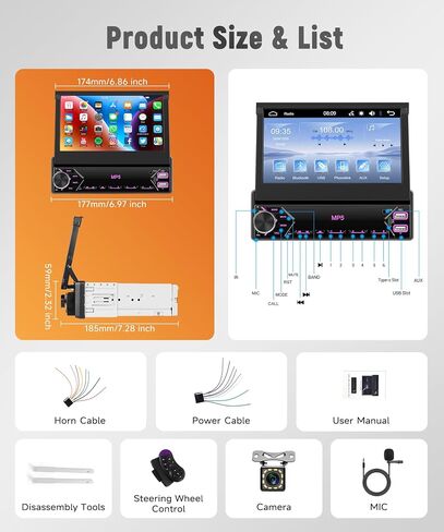 Single Din Car Stereo Wireless Carplay Touchnes Android Auto ، Rimoody 7 Inch Flip Out Car Radio 1 DIN مع Bluetooth FM Radio Mirror Link دعم TF/USB + in Kuwait