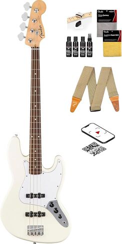 Fender Standard Jazz Bass - حزمة سوداء مع حزام ومجموعة تنظيف الجيتار والفيديو التعليمي أوستن بازار in Kuwait