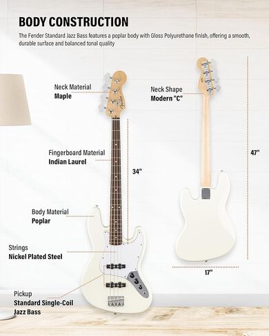 Fender Standard Jazz Bass - حزمة سوداء مع حزام ومجموعة تنظيف الجيتار والفيديو التعليمي أوستن بازار in Kuwait