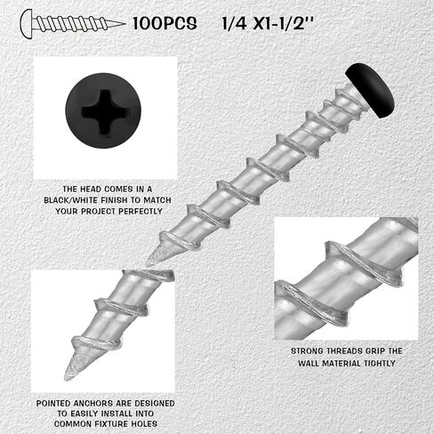 Blulu 100 pcs Drywall Anchors 1/4 x 1-1/2 Inch Black Pan Head Alloy Steel Light Wall Anchors Heavy Duty Self Drilling Screws for Drywall, Wood and Other Masonry Materials in Saudi Arabia