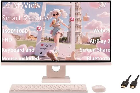 LG 27 MyView Smart Monitor, FHD IPS, 5ms, 60hz, WebOS 23, Built-in Speakers, ThinQ Home Dashboard, AirPlay 2, Screen Share, Bluetooth, HDR10, Flicker Safe, Reader Mode, Pink, with 5ave HDMI in Saudi Arabia