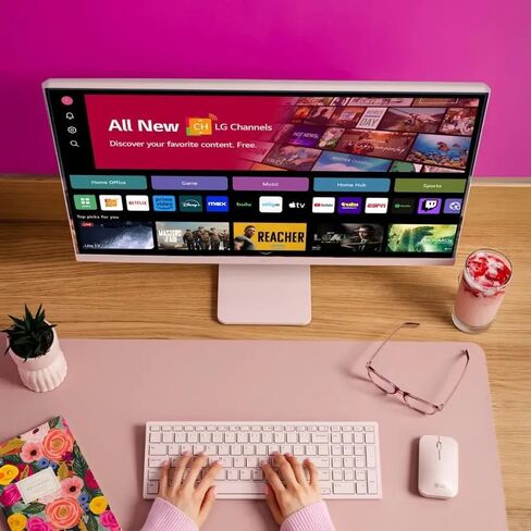 LG 27 MyView Smart Monitor, FHD IPS, 5ms, 60hz, WebOS 23, Built-in Speakers, ThinQ Home Dashboard, AirPlay 2, Screen Share, Bluetooth, HDR10, Flicker Safe, Reader Mode, Pink, with 5ave HDMI in Saudi Arabia