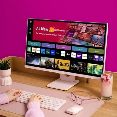 LG 27 MyView Smart Monitor, FHD IPS, 5ms, 60hz, WebOS 23, Built-in Speakers, ThinQ Home Dashboard, AirPlay 2, Screen Share, Bluetooth, HDR10, Flicker Safe, Reader Mode, Pink, with 5ave HDMI in Saudi Arabia