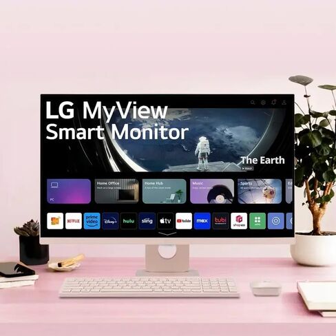 LG 27 MyView Smart Monitor, FHD IPS, 5ms, 60hz, WebOS 23, Built-in Speakers, ThinQ Home Dashboard, AirPlay 2, Screen Share, Bluetooth, HDR10, Flicker Safe, Reader Mode, Pink, with 5ave HDMI in Saudi Arabia