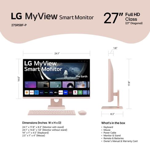 LG 27 MyView Smart Monitor, FHD IPS, 5ms, 60hz, WebOS 23, Built-in Speakers, ThinQ Home Dashboard, AirPlay 2, Screen Share, Bluetooth, HDR10, Flicker Safe, Reader Mode, Pink, with 5ave HDMI in Saudi Arabia
