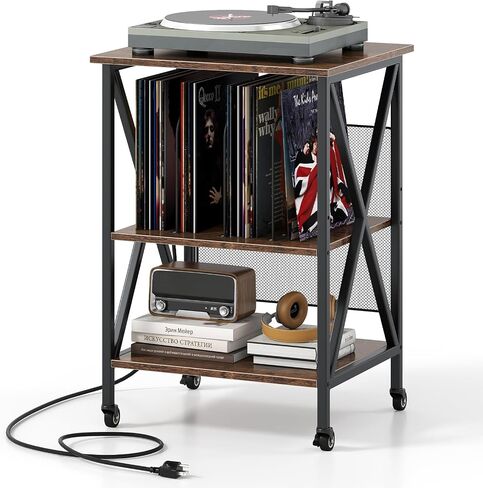 Giantex Record Player Stand ، طاولة تخزين سجلات فينيل مع 3 فواصل على شكل M و 4 عجلات متداول ، حامل القرص الدوار يحمل ما يصل إلى 250 ألبوم لغرفة المعيشة ، مكتب ، بني ريفي in Saudi Arabia