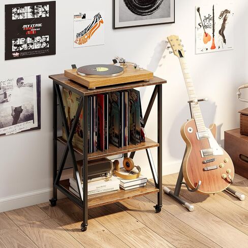 Giantex Record Player Stand ، طاولة تخزين سجلات فينيل مع 3 فواصل على شكل M و 4 عجلات متداول ، حامل القرص الدوار يحمل ما يصل إلى 250 ألبوم لغرفة المعيشة ، مكتب ، بني ريفي in Saudi Arabia