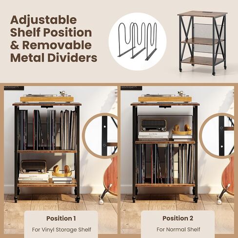 Giantex Record Player Stand ، طاولة تخزين سجلات فينيل مع 3 فواصل على شكل M و 4 عجلات متداول ، حامل القرص الدوار يحمل ما يصل إلى 250 ألبوم لغرفة المعيشة ، مكتب ، بني ريفي in Saudi Arabia