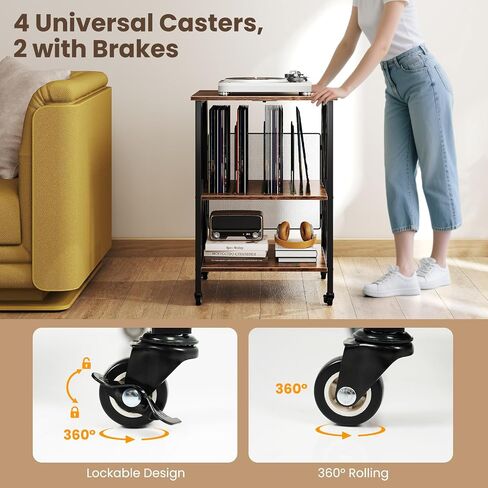 Giantex Record Player Stand ، طاولة تخزين سجلات فينيل مع 3 فواصل على شكل M و 4 عجلات متداول ، حامل القرص الدوار يحمل ما يصل إلى 250 ألبوم لغرفة المعيشة ، مكتب ، بني ريفي in Saudi Arabia