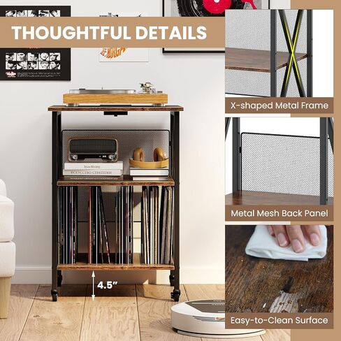 Giantex Record Player Stand ، طاولة تخزين سجلات فينيل مع 3 فواصل على شكل M و 4 عجلات متداول ، حامل القرص الدوار يحمل ما يصل إلى 250 ألبوم لغرفة المعيشة ، مكتب ، بني ريفي in Saudi Arabia
