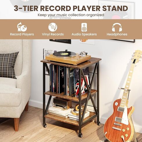 Giantex Record Player Stand ، طاولة تخزين سجلات فينيل مع 3 فواصل على شكل M و 4 عجلات متداول ، حامل القرص الدوار يحمل ما يصل إلى 250 ألبوم لغرفة المعيشة ، مكتب ، بني ريفي in Saudi Arabia