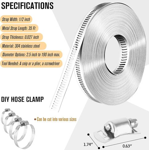 Worm Gear Clamp, DIY Hose Clamp Kit Stainless Steel Hose Clamps, Long Hose Clamps Cut-to-Fit 50 Ft Metal Strap + 24 Stronger Hose Fasteners - Large Metal Adjustable Clamp for Pipe, Duct, Tube in Kuwait