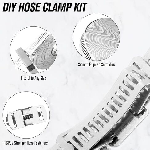 Worm Gear Clamp, DIY Hose Clamp Kit Stainless Steel Hose Clamps, Long Hose Clamps Cut-to-Fit 50 Ft Metal Strap + 24 Stronger Hose Fasteners - Large Metal Adjustable Clamp for Pipe, Duct, Tube in Kuwait